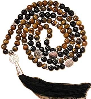 Tiger Eye & Black Agate Buddhist Wheel elastic mala